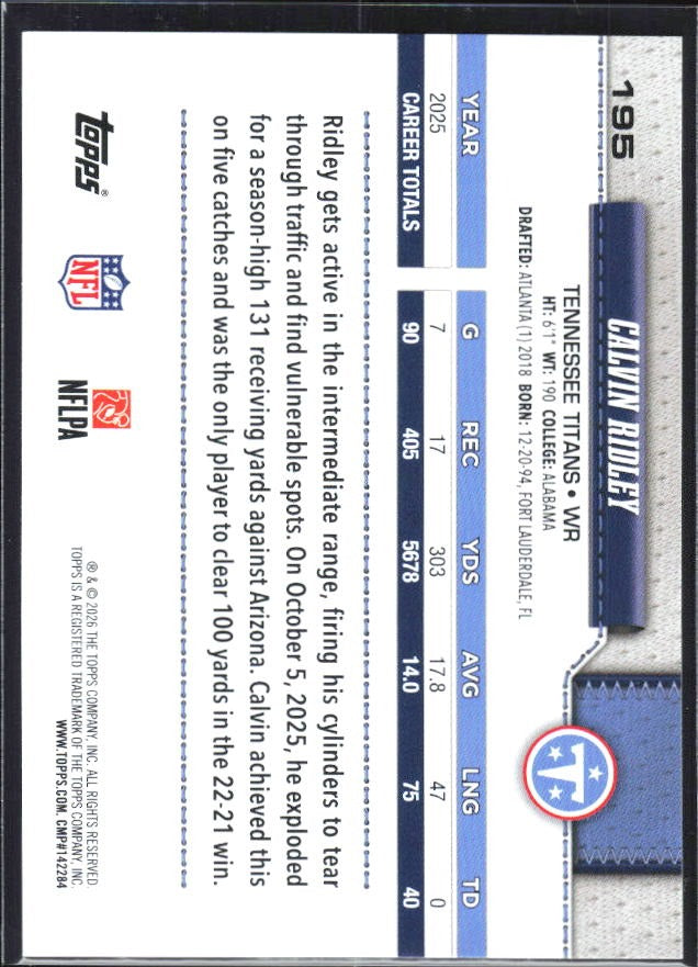 2026 Topps Flagship Football Calvin Ridley #195 – baksida