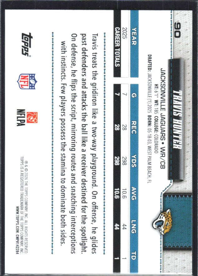 2026 Topps Flagship Football Travis Hunter #90 – baksida