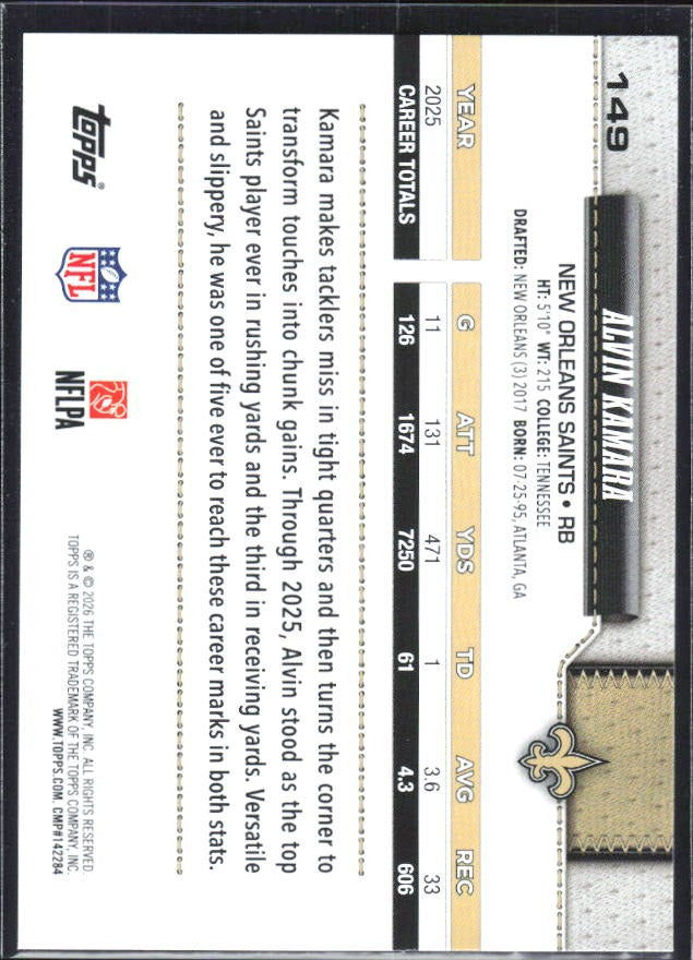 2026 Topps Flagship Football Alvin Kamara #149 – baksida