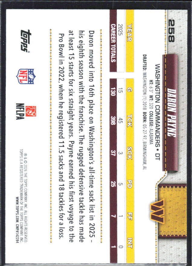 2026 Topps Flagship Football Daron Payne #258 – baksida