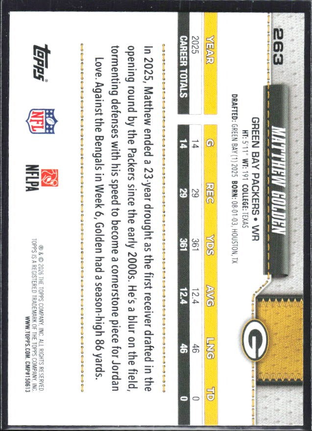 2026 Topps Flagship Football Matthew Golden Future Stars #263 – baksida