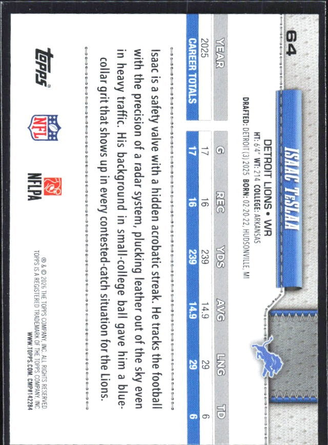 2026 Topps Flagship Football Isaac TeSlaa #64 – baksida