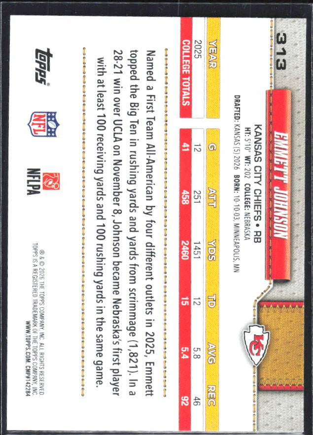 2026 Topps Flagship Football Emmett Johnson RC #313 – baksida