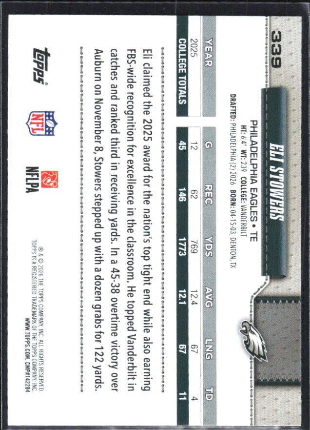 2026 Topps Flagship Football Eli Stowers RC #339 – baksida