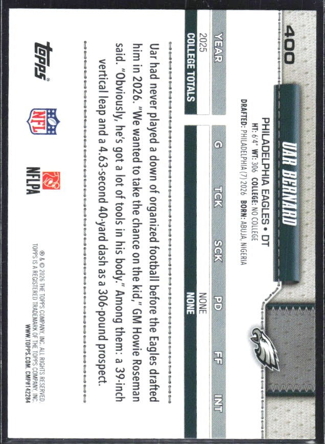 2026 Topps Flagship Football Uar Bernard RC #400 – baksida