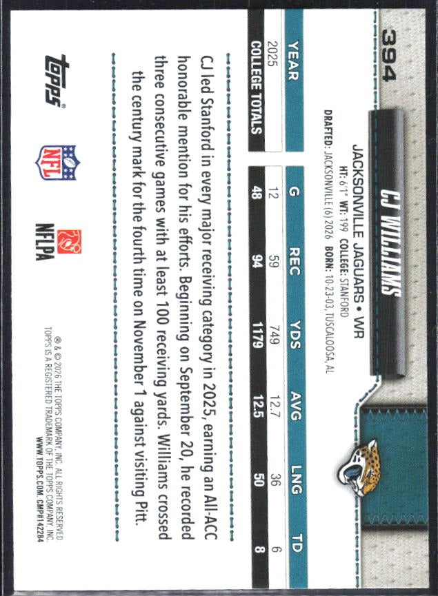 2026 Topps Flagship Football C.J. Williams RC #394 – baksida