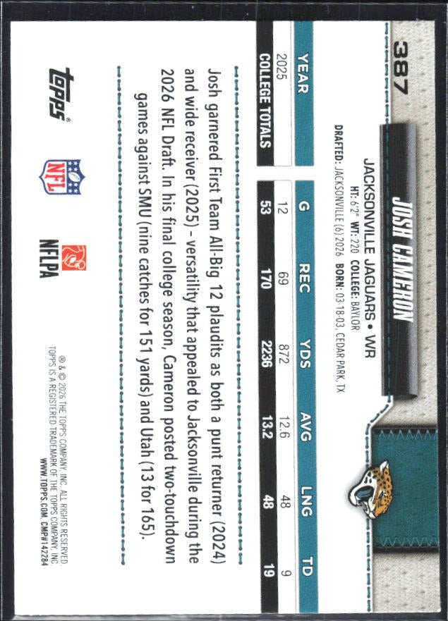2026 Topps Flagship Football Josh Cameron RC #387 – baksida