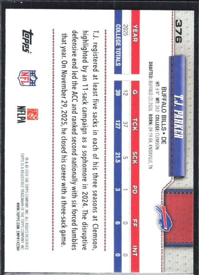 2026 Topps Flagship Football T.J. Parker RC #376 – baksida