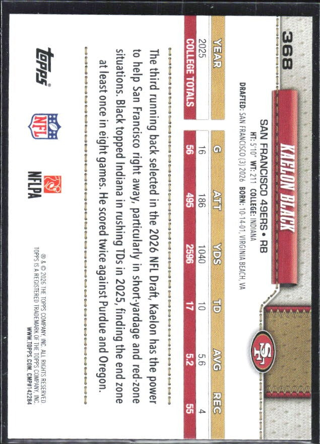 2026 Topps Flagship Football Kaelon Black RC #368 – baksida