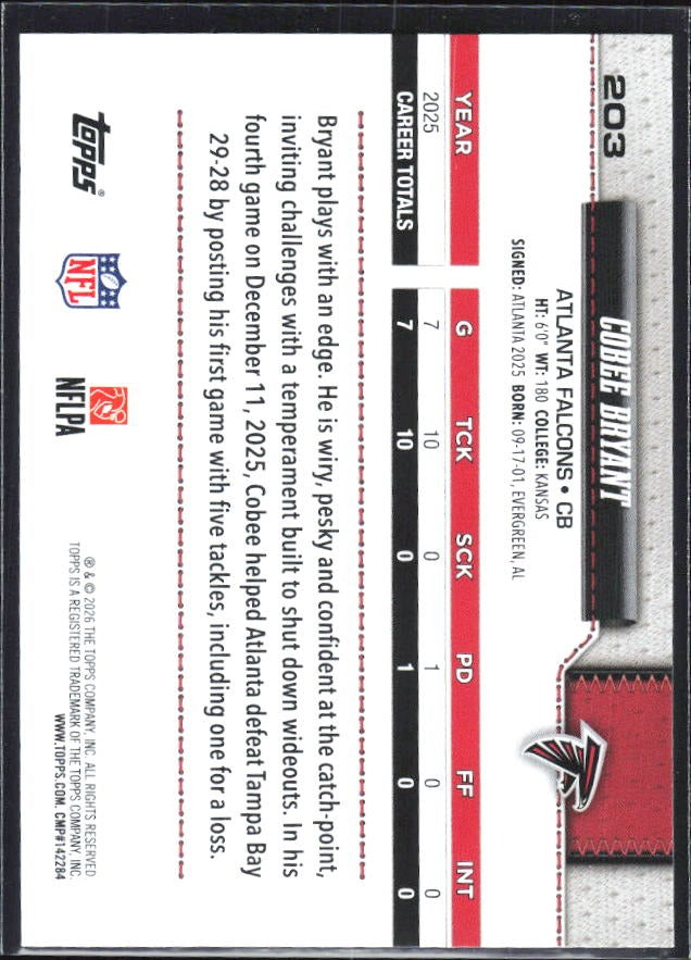 2026 Topps Flagship Football Cobee Bryant #203 – baksida