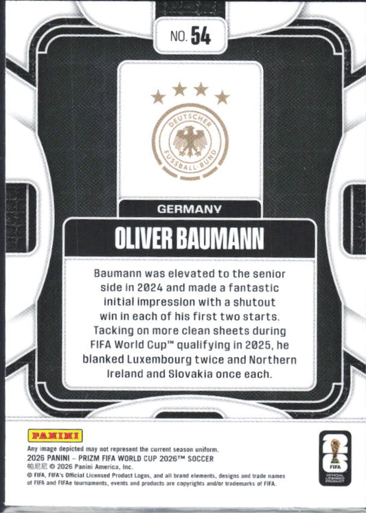 Oliver Baumann 2026 Prizm World Cup Base baksida SKU 10681