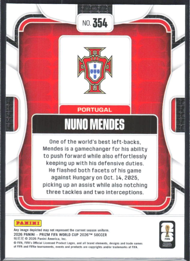 Nuno Mendes 2026 Prizm World Cup Base baksida SKU 10695