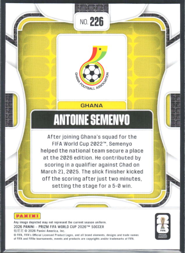 Antoine Semenyo 2026 Prizm World Cup Base baksida SKU 10733