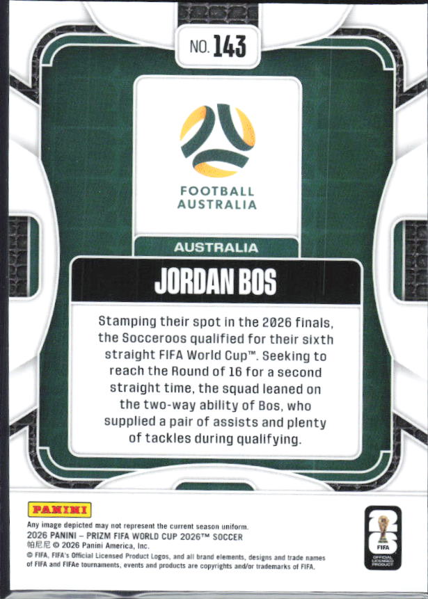 Jordan Bos 2026 Prizm World Cup Base baksida SKU 10759