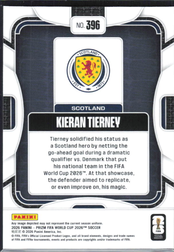 Kieran Tierney 2026 Prizm World Cup Base baksida SKU 10766