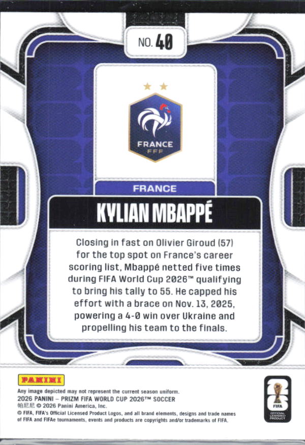 Kylian Mbappe 2026 Prizm World Cup Base baksida SKU 10768