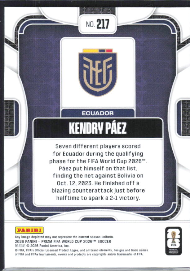 Kendry Paez 2026 Prizm World Cup Base baksida SKU 10801