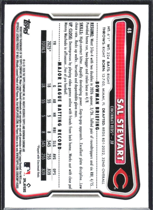 Sal Stewart 2026 Bowman Chrome #48 Pulsar Refractor /399 – baksida