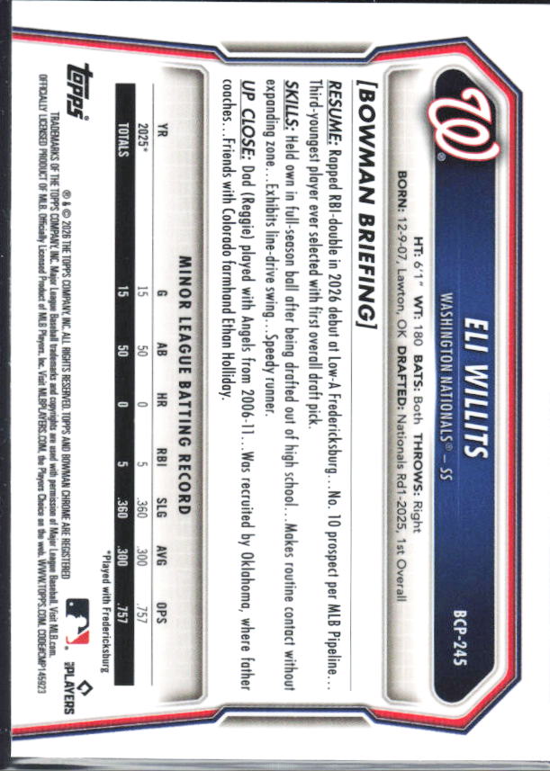 Eli Willits 2026 Bowman Chrome #BCP-245 Pulsar /399 – baksida