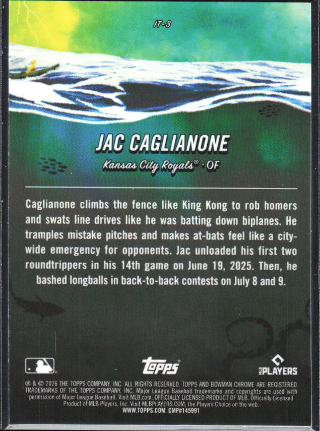 Jac Caglianone 2026 Bowman Chrome #IT-3 It Came to the League – baksida