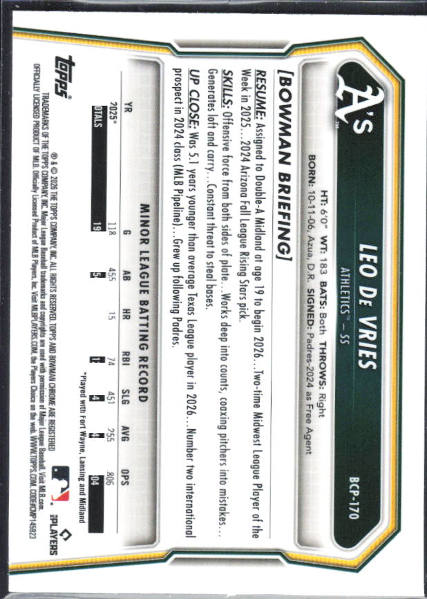 Leo De Vries 2026 Bowman Chrome #BCP-170 Base – baksida