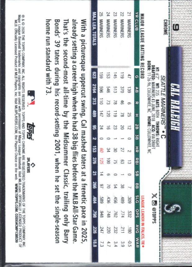 Cal Raleigh 2026 Topps Chrome #9 baksida