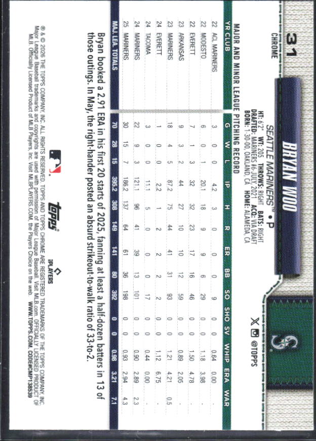 Bryan Woo 2026 Topps Chrome #31 baksida