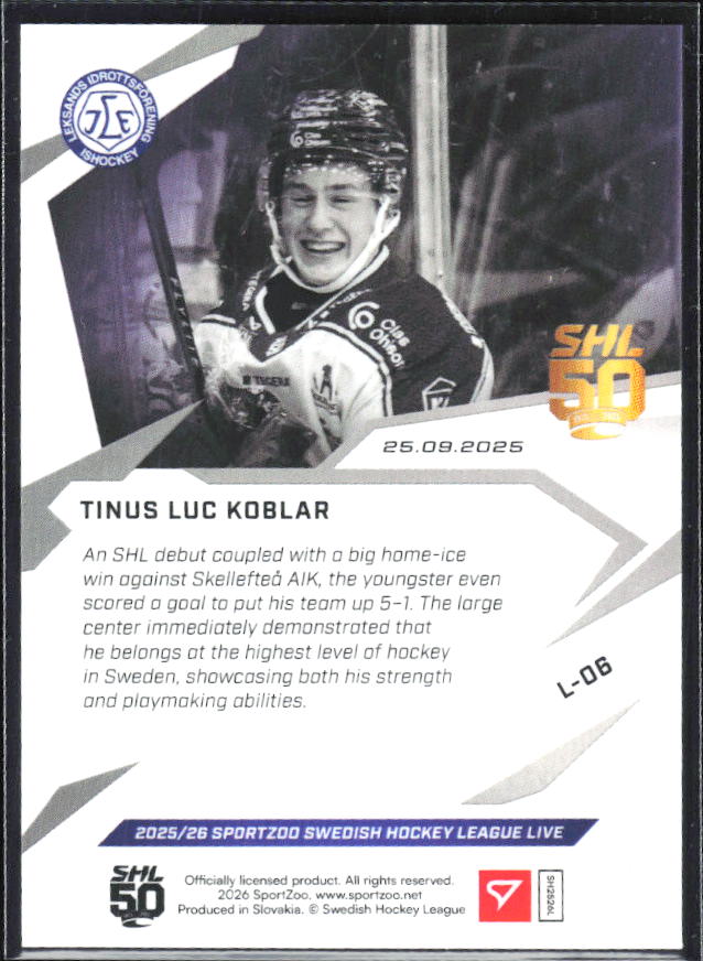 2025-26 SportZoo SHL LIVE #L-06 Tinus Luc Koblar 66/98 RC – baksida