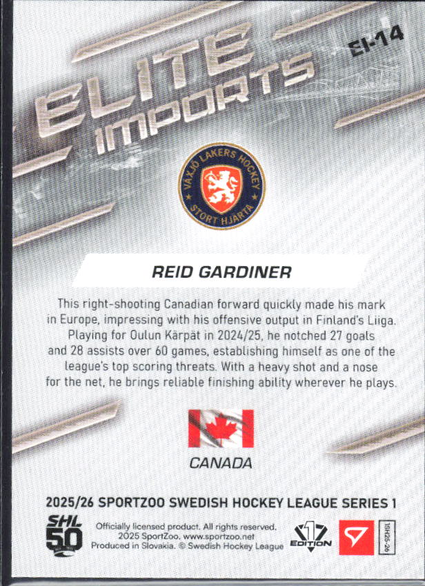 2025-26 SportZoo SHL S1 #EI-14 Reid Gardiner Elite Imports Light Copper 29/65 – baksida