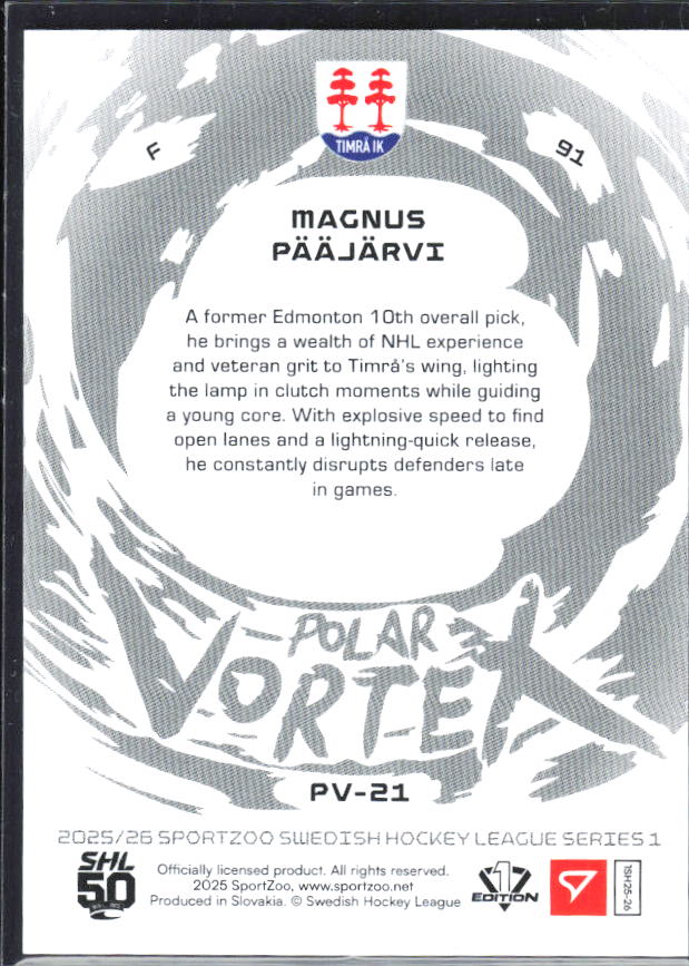 2025-26 SportZoo SHL S1 #PV-21 Magnus Pääjärvi Polar Vortex Steel Blue 83/99 – baksida