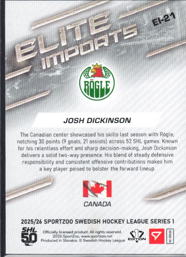 2025-26 SportZoo SHL S1 #EI-21 Josh Dickinson Elite Imports Light Copper 30/65 – baksida