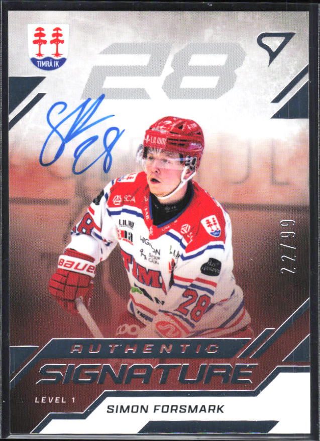 2025-26 SportZoo SHL S1 #SL1-SF Simon Forsmark Authentic Signature Level 1 22/99 – framsida