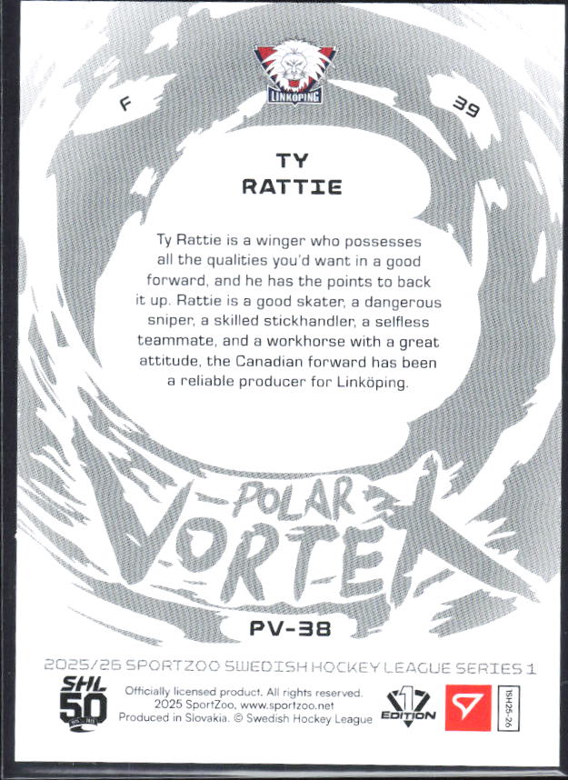 2025-26 SportZoo SHL S1 #PV-38 Ty Rattie Polar Vortex Steel Blue 07/99 – baksida