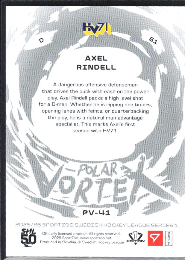 2025-26 SportZoo SHL S1 #PV-41 Axel Rindell Polar Vortex Steel Blue 63/99 – baksida