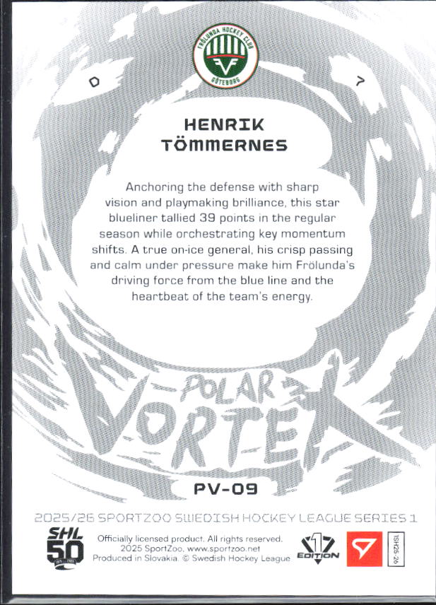 2025-26 SportZoo SHL S1 #PV-09 Henrik Tömmernes Polar Vortex Steel Blue 39/99 – baksida