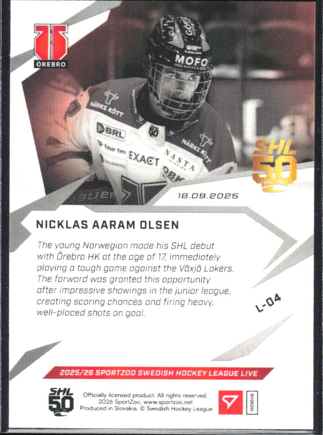 2025-26 SportZoo SHL LIVE #L-04 Nicklas Aaram Olsen 22/54 RC – baksida