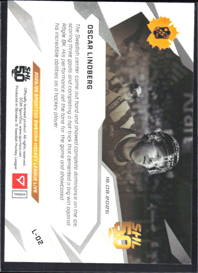 2025-26 SportZoo SHL LIVE #L-02 Oscar Lindberg 43/75 – baksida