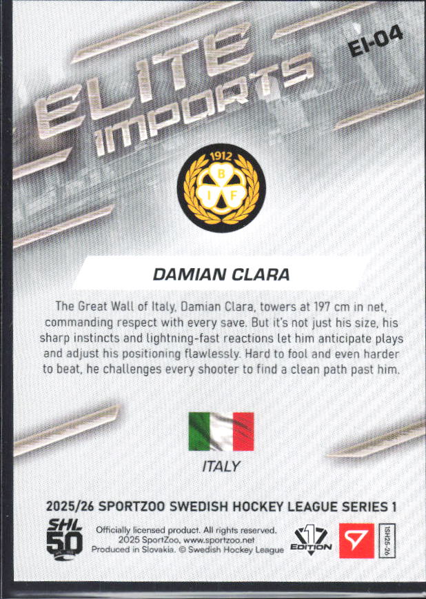 2025-26 SportZoo SHL S1 #EI-04 Damian Clara Elite Imports Light Copper 42/65 – baksida