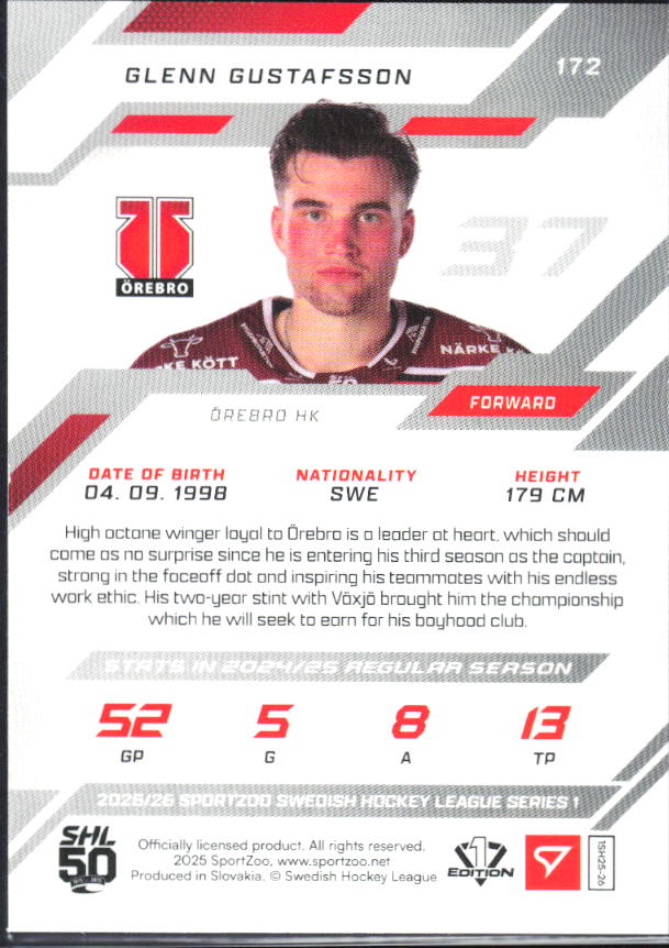 2025-26 SportZoo SHL S1 #172 Glenn Gustafsson Scarlet Red 08/20 – baksida