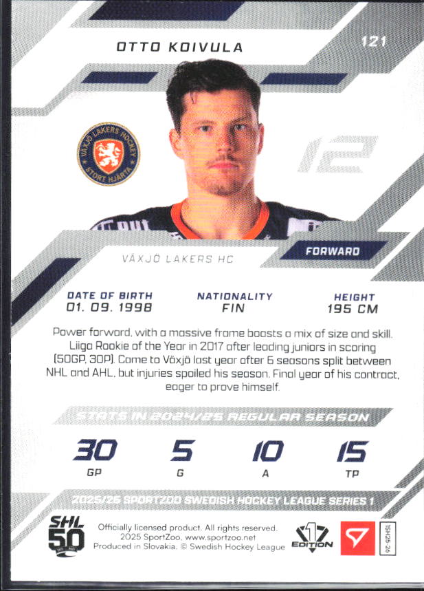 2025-26 SportZoo SHL S1 #121 Otto Koivula Shamrock Green 30/30 – baksida