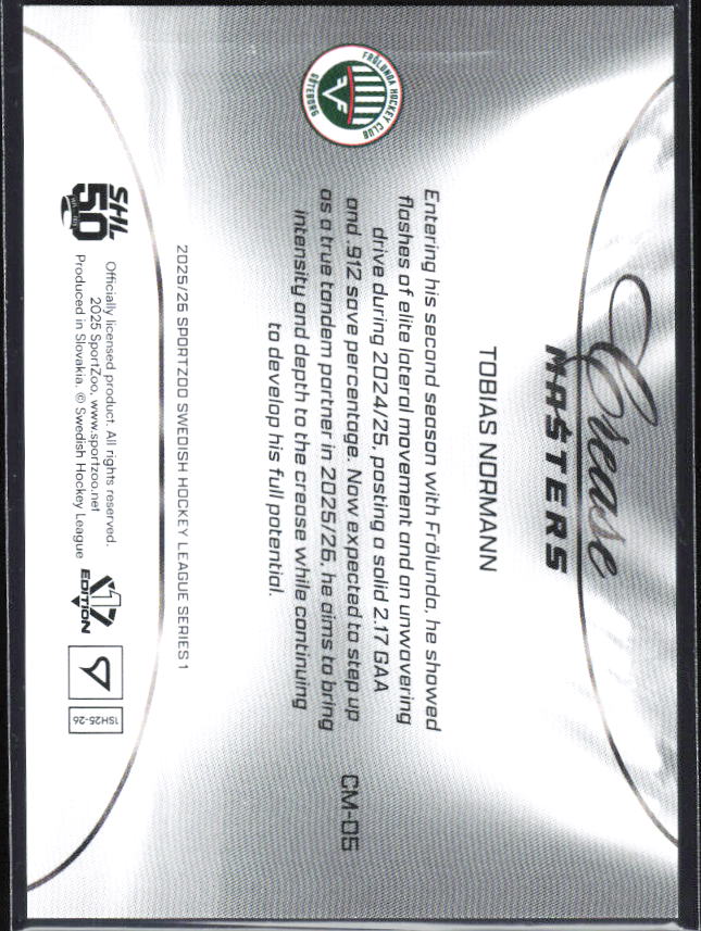 2025-26 SportZoo SHL S1 #CM-05 Tobias Normann Crease Masters Lemon Gold 35/65 – baksida