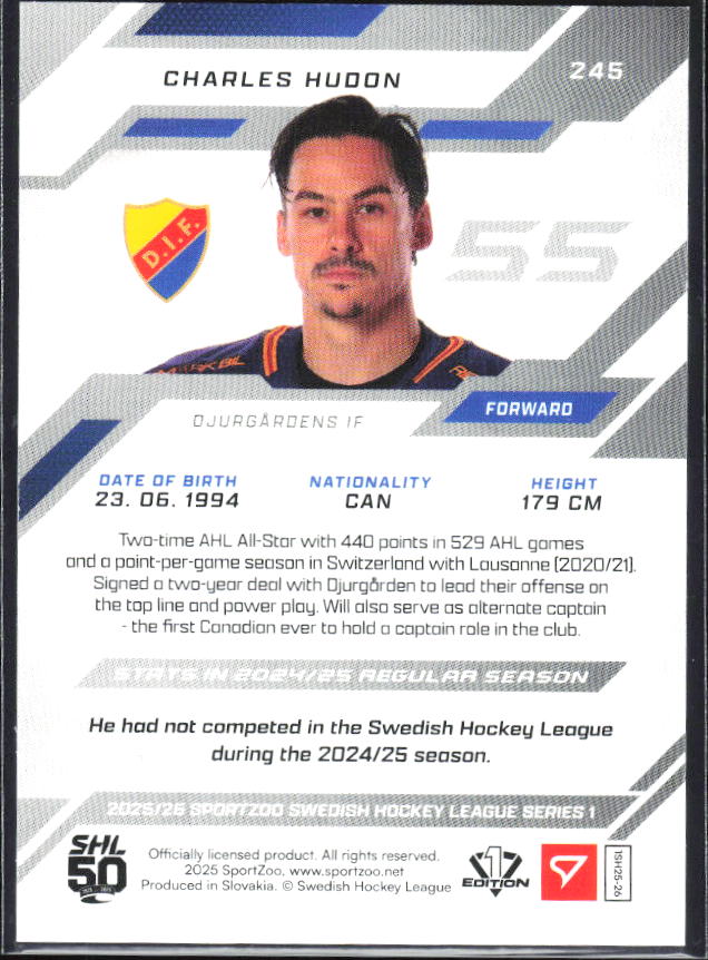 2025-26 SportZoo SHL S1 #245 Charles Hudon Scarlet Red 01/20 – baksida
