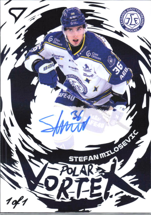 2025-26 SportZoo SHL S1 #PVS-SM Stefan Milosevic Polar Vortex Black Auto 1/1 – framsida