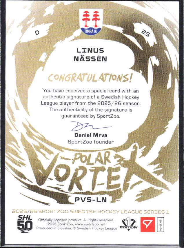 2025-26 SportZoo SHL S1 #PVS-LN Linus Nässén Polar Vortex Gold Auto 13/35 – baksida