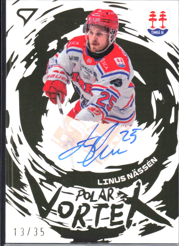 2025-26 SportZoo SHL S1 #PVS-LN Linus Nässén Polar Vortex Gold Auto 13/35 – framsida