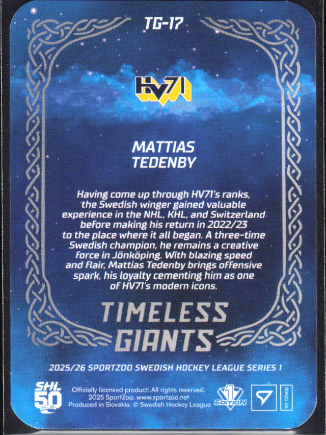 2025-26 SportZoo SHL S1 #TG-17 Mattias Tedenby Timeless Giants Sunglow Gold 71/85 – baksida
