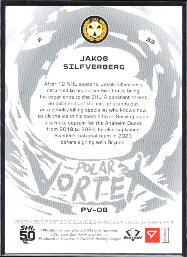 2025-26 SportZoo SHL S1 #PV-08 Jakob Silfverberg Polar Vortex Coral Copper 57/65 – baksida
