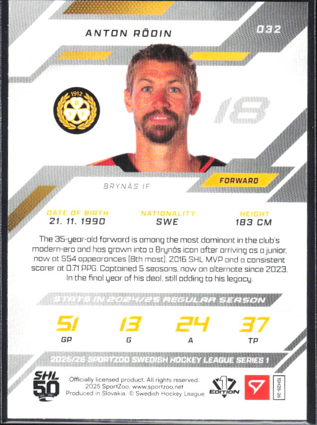 2025-26 SportZoo SHL S1 #032 Anton Rödin Shamrock Green 18/30 – baksida