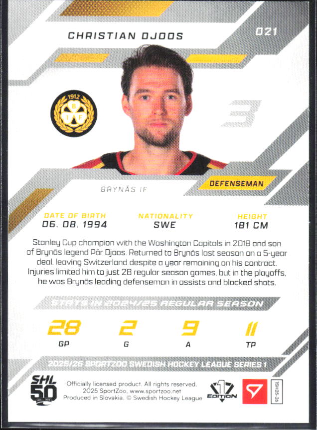 2025-26 SportZoo SHL S1 #021 Christian Djoos Scarlet Red 13/20 – baksida