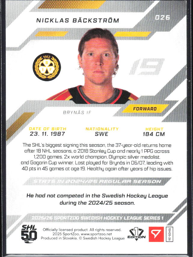 2025-26 SportZoo SHL S1 #026 Nicklas Bäckström Scarlet Red 10/20 – baksida